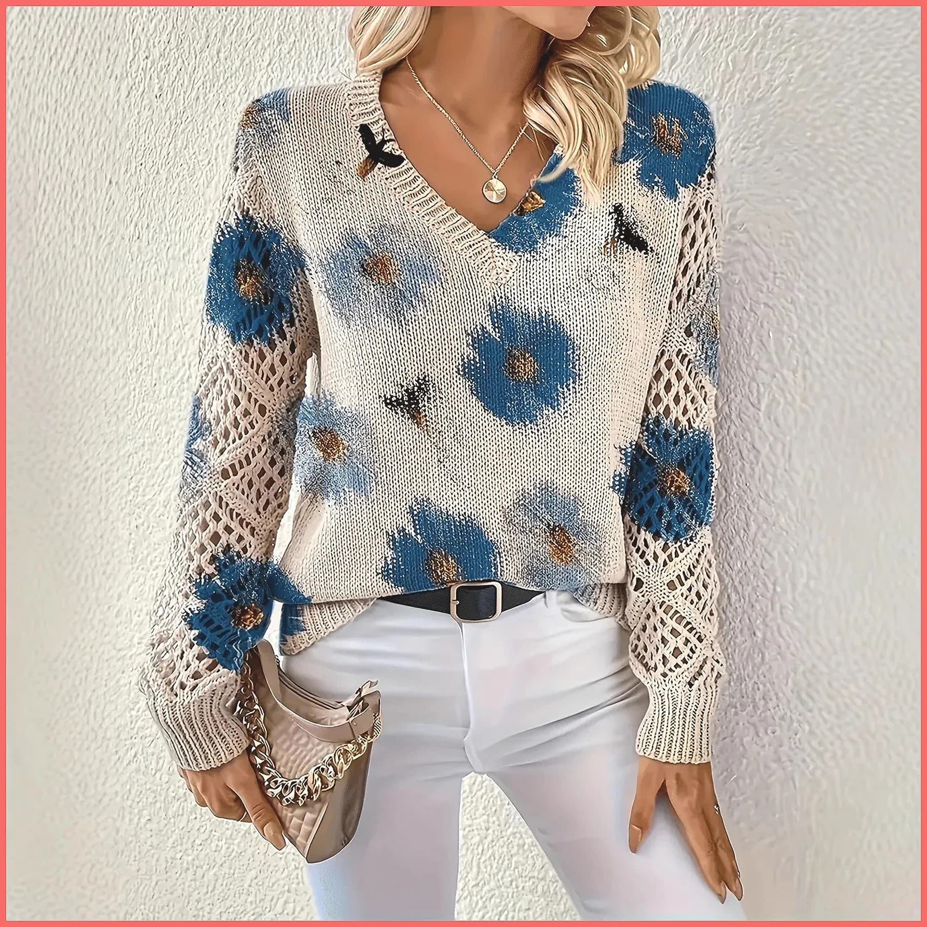 Bohemian Floral V-Neck Pullover | Hollow Print Long Sleeve Knitting Sweater | 2025 Fashion Casual Top (Characters: 78)