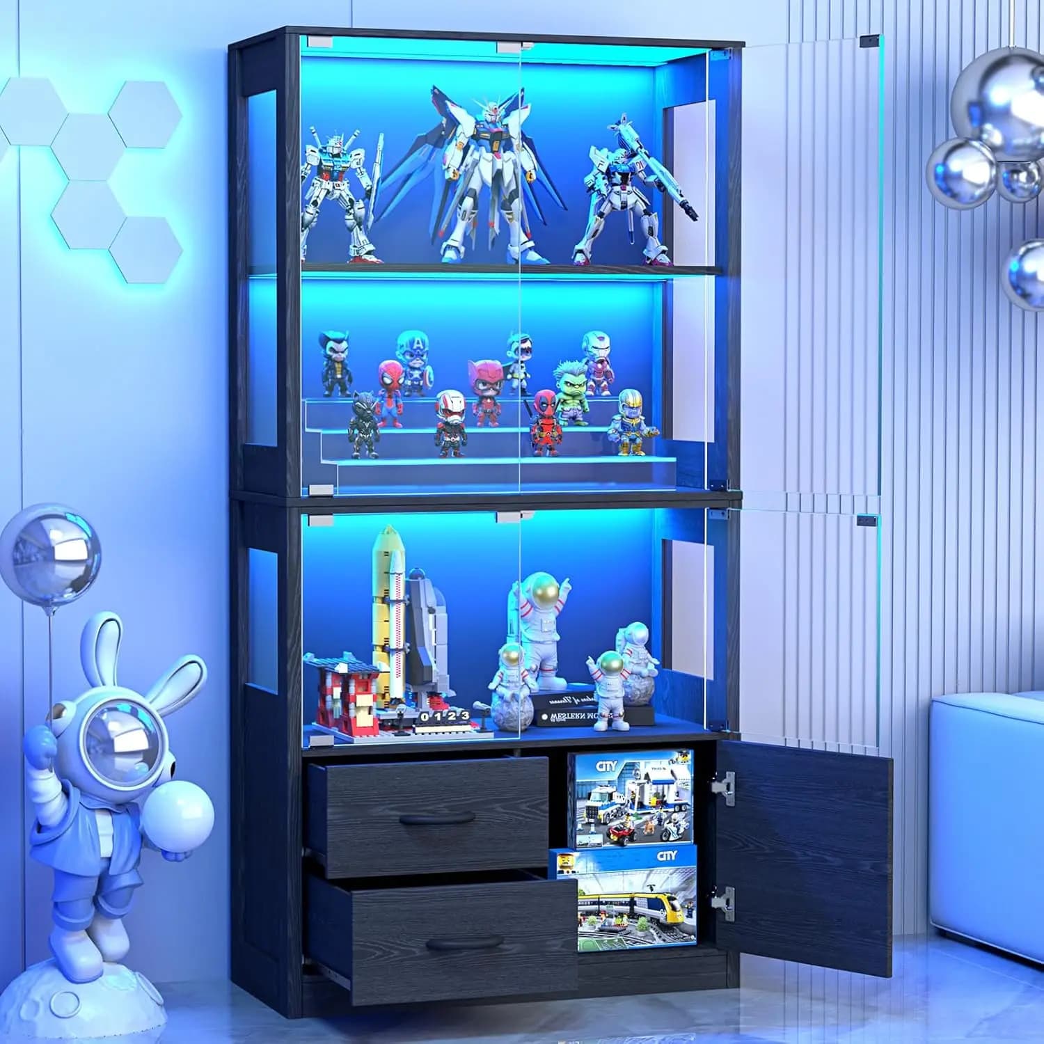 Display Cabinet with Glass Doors, 4-Tier Display Case with 3-Color Lights & Human Body Sensor, Storage Cabinets with 3 Shelve