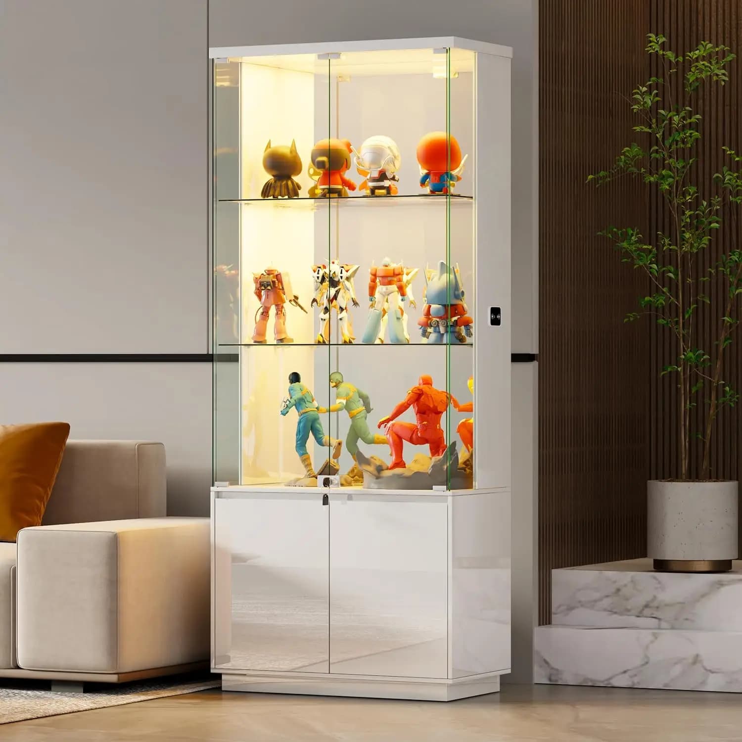 71'' Display Cabinet with Glass Doors&3 Color Lights&Lockable for Bedroom White,High Gloss Curio Cabinet with Adjustable Glas