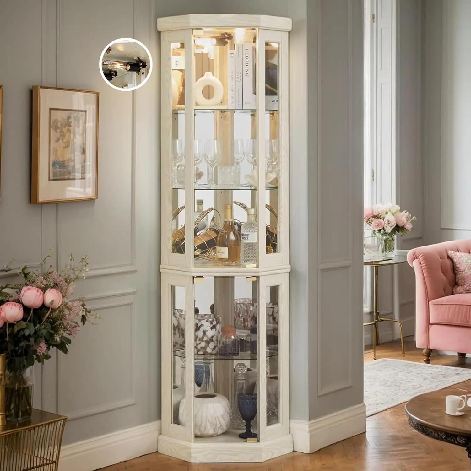 Corner Curio Cabinet, 70" H Lighted Glass Display Cage with Tempered Glass Doors and Adjustable Shelves, Bulb Inclued, Wine B
