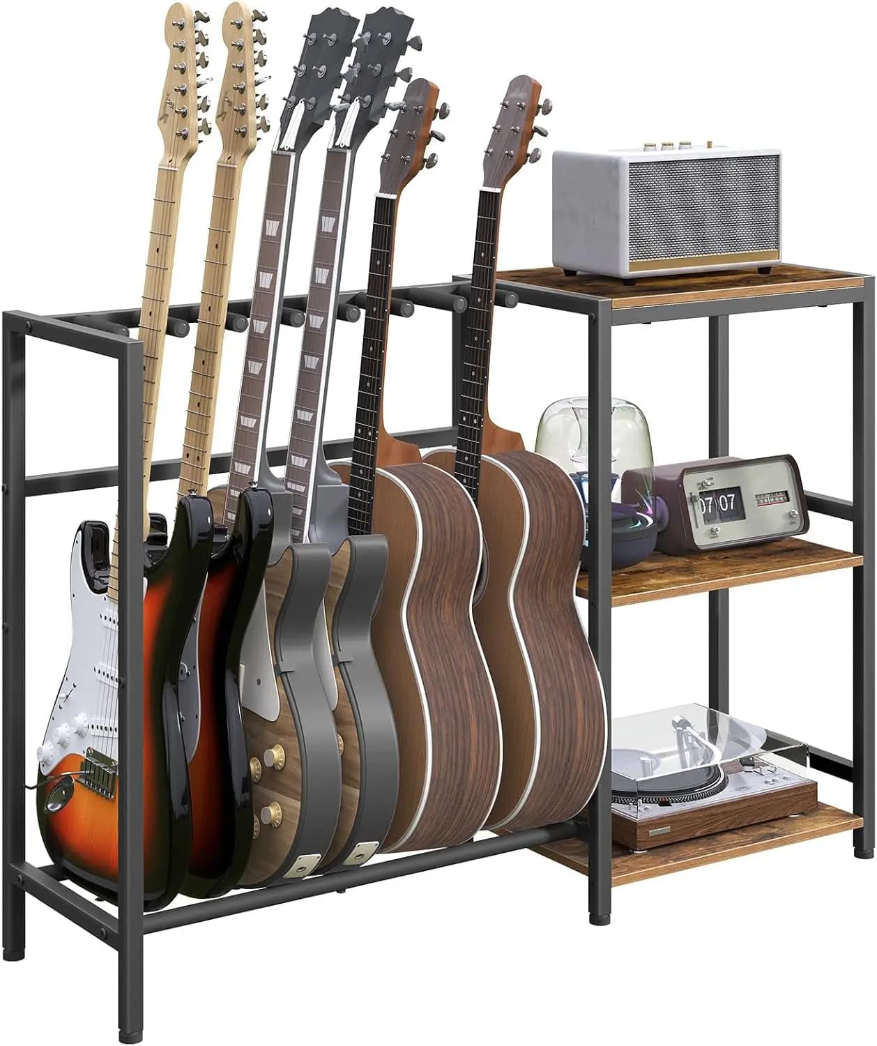 Guitar Stand for Acoustic and Bass Guitars, with Side Shelves and Non-Slip Pads, Rustic Brown GSHR9701V1
