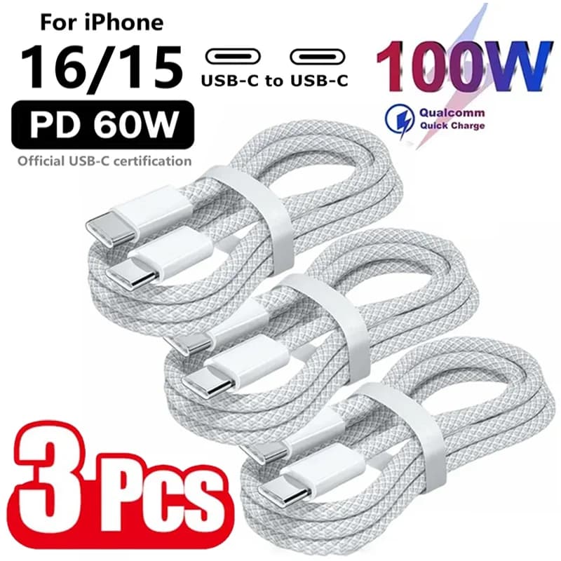 USB C 100W 고속 충전 충전기 케이블에 3PCS USB C 케이블은 iPhone 16 15 Samsung Xiaomi Huawei 등을 위한 고속 충전을 지원합니다.
