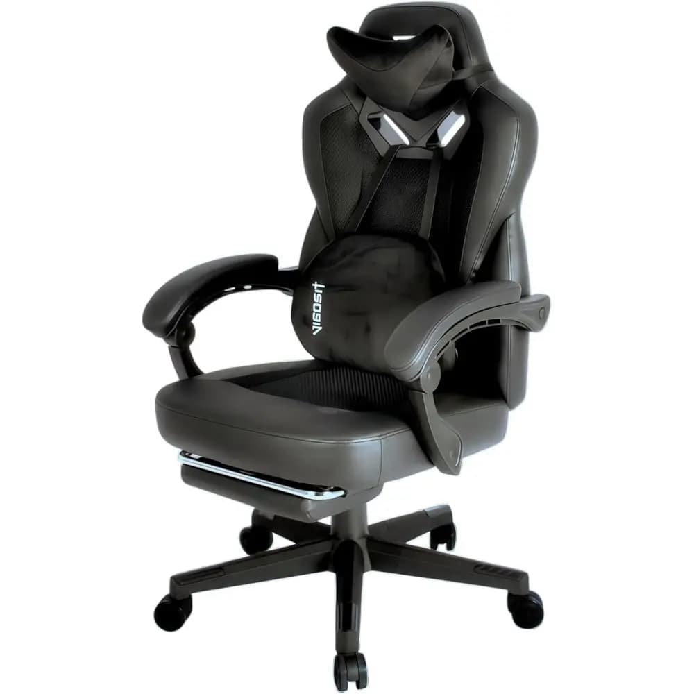 Ergonomic Reclining Office Chair with Footrest and Lumbar Support for Heavy Adults, Cushioned Mesh Gaming Chair (Black)
