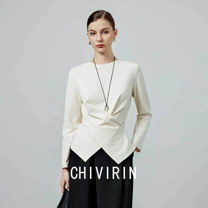 2026 Early Spring New Round Neck Casual Solid Color T-Sh For Women, Unique Design, Front Open, Fashionable Outerwear, Base