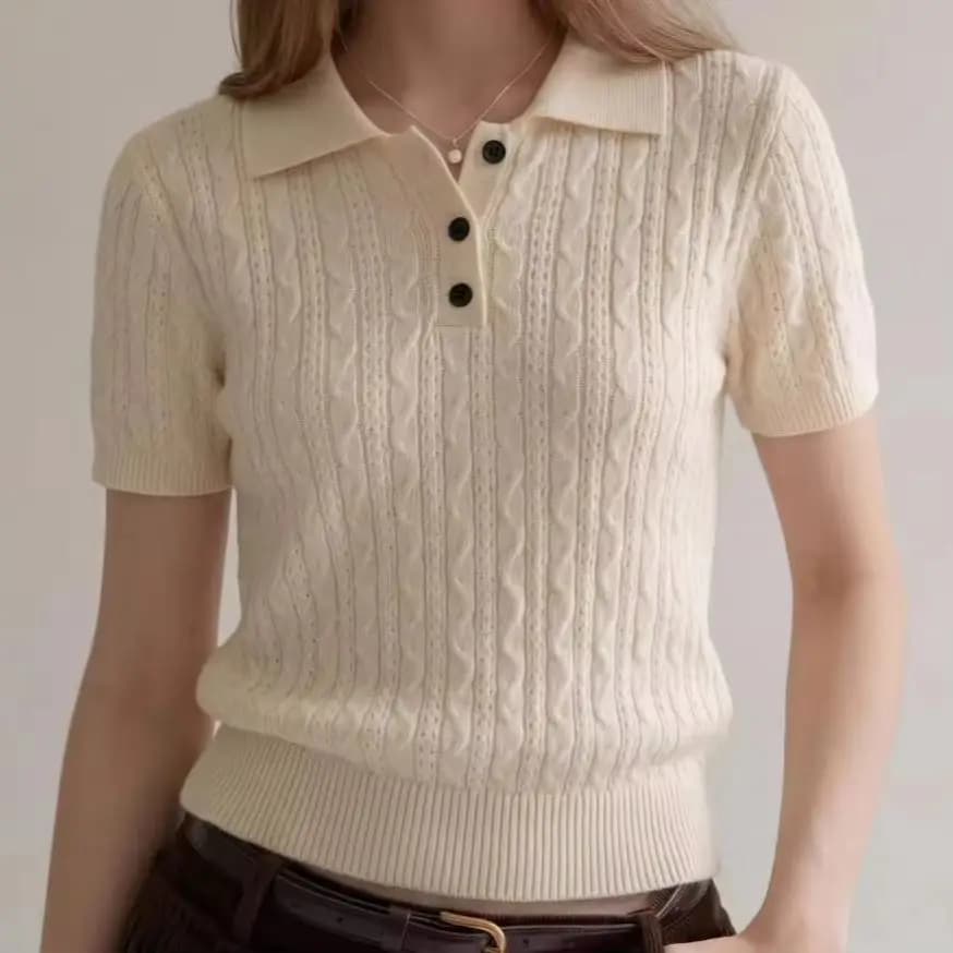 Fashion Casual Style Twist Cable Knit Polo Shirt Women Summer Short Sleeve Slim Fitted Shoulder Tops all-match Tops