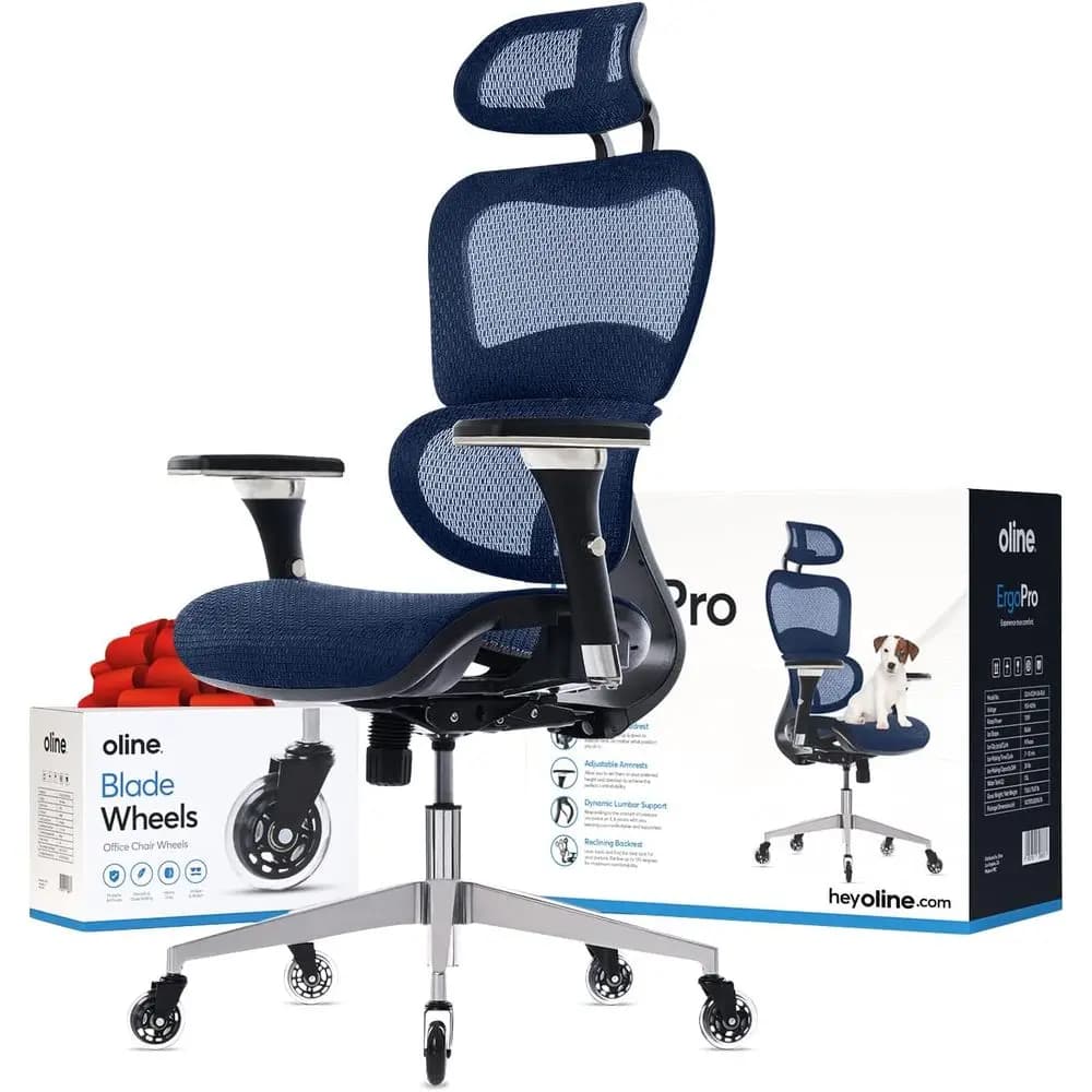 Adjustable Armrest Ergonomic Office Chair with 3D Lumbar Support, Blade Wheels, and Navy Blue Mesh Design