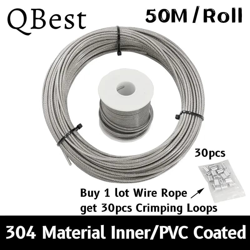 QBest 50M PVC 코팅 스테인리스 304 와이어로프 빨랫줄 0.8-4mm