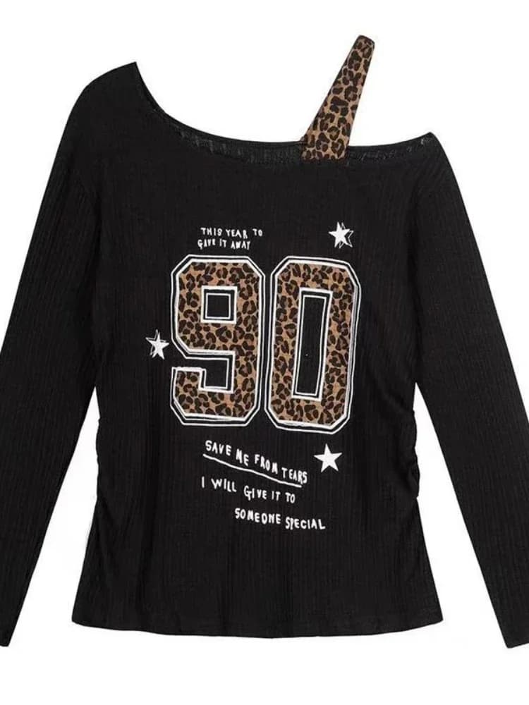 Y2K Patchwork Leopard Print T-Shirt Women Loose Streetwear Tee Grunge Casual Top