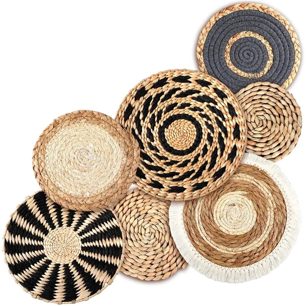 7 Pack Boho Hanging Wall Basket Decor - Handwoven Seagrass Rattan Wicker Round Wall Art for Living Room/Bedroom Decor