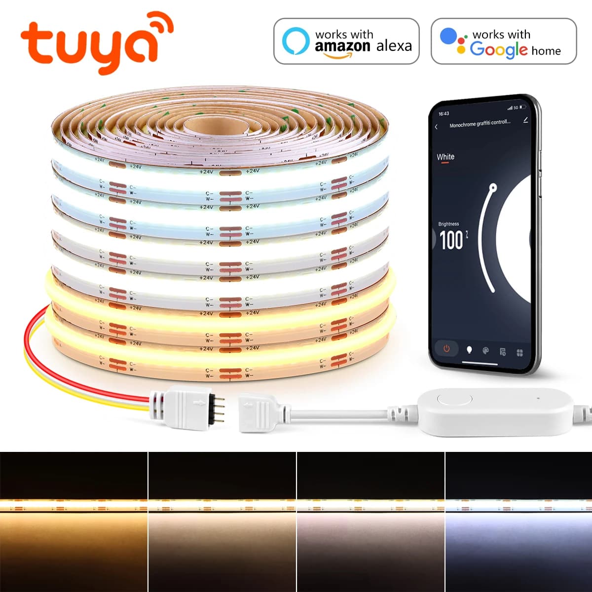 CCT Tuya COB LED 스트립 WiFi 조명 디머 스마트홈 알렉사 구글 호환