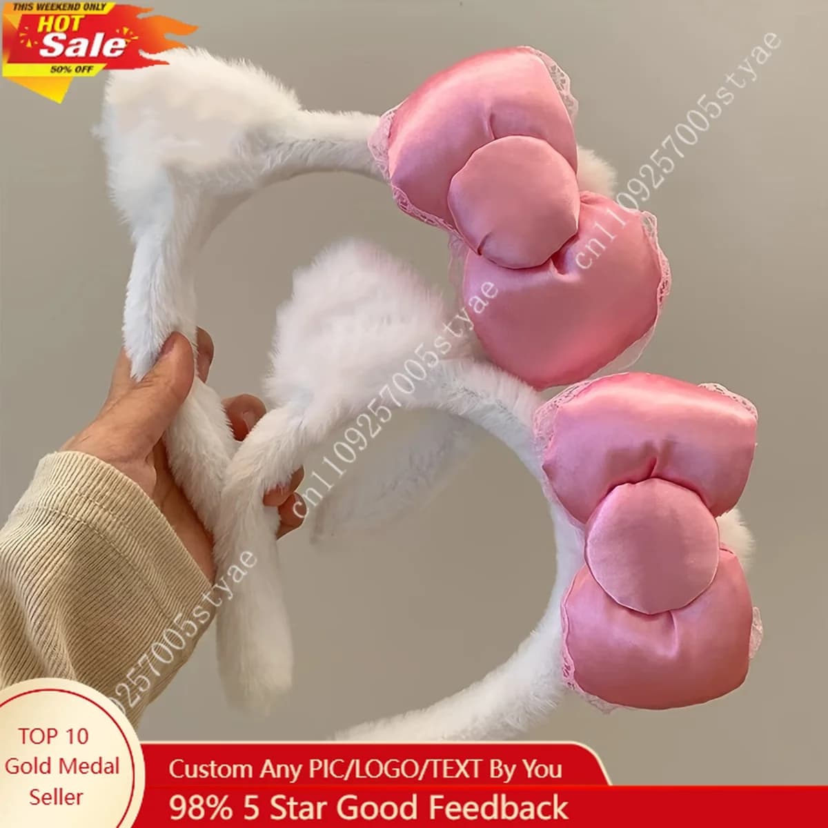 Hello Kitty Pink Bow Plush Headband  Women'S Cute and Comfortable Hair Accessory Suitable for Face Washing and Decoration