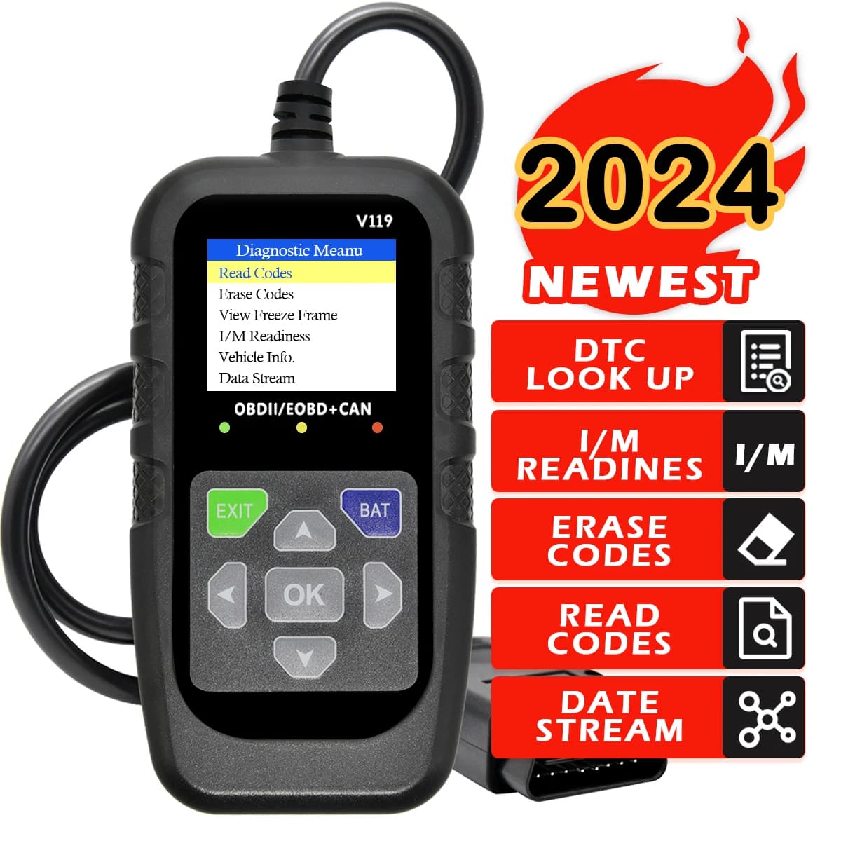 자동차 OBD2 스캐너 진단기 코드 리더 전압 테스터 엔진 고장 진단 V119