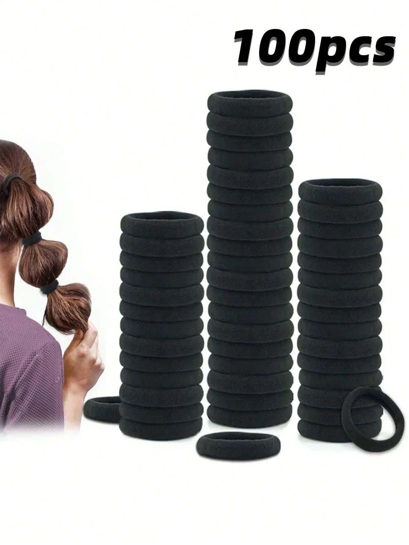 100-Pack Black Hair Ties, Seamless Elastic Hair Rings for Women Girls, No Damage Ponytail Holders, Strong Stretch for Daily Use