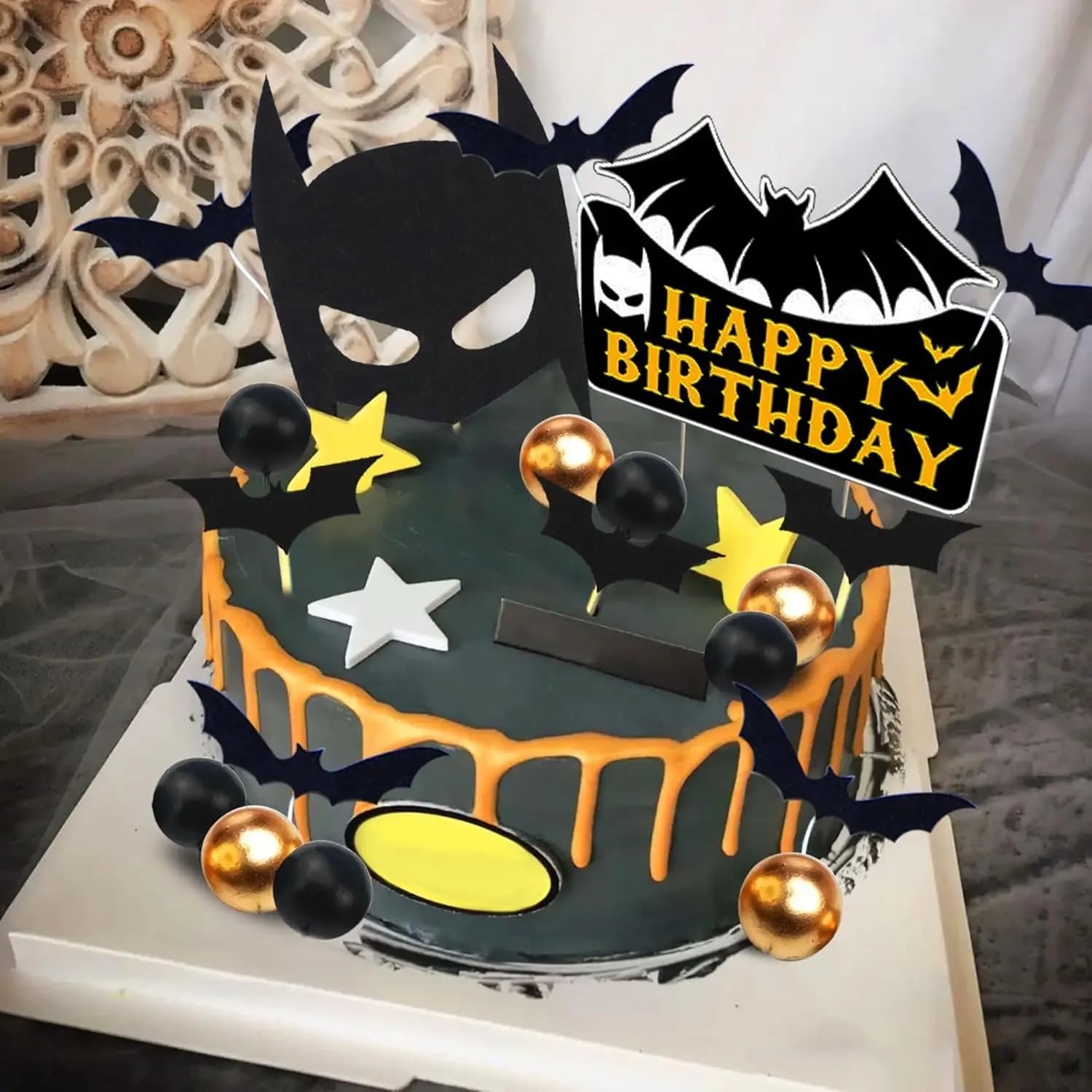 LaVenty 슈퍼히어로 케이크 토퍼 배트 생일파티 장식