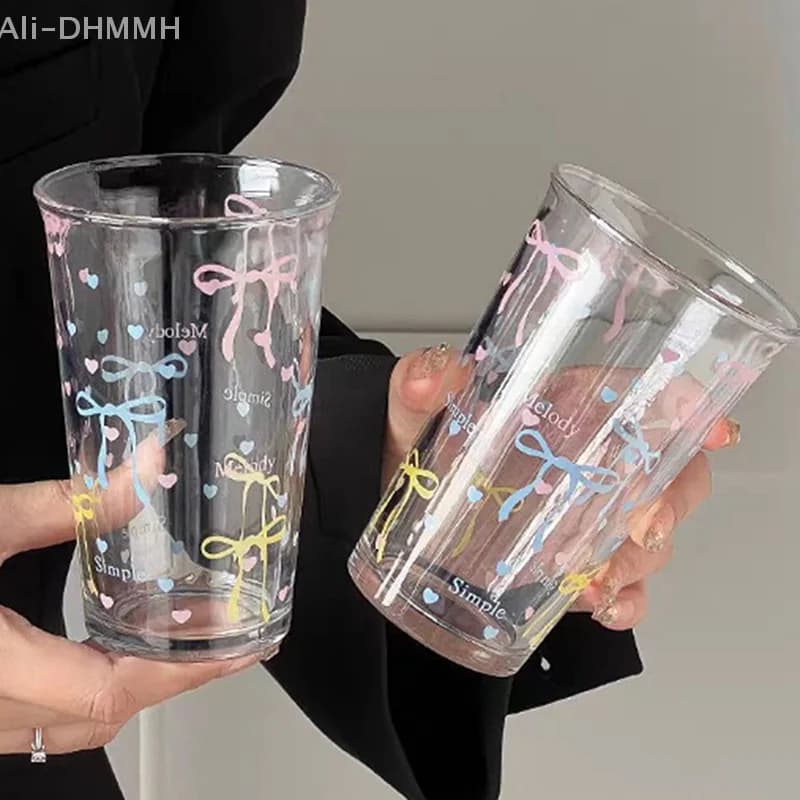 Adorable Cartoon Bow Glass Water Cup; Striped Bow Glass Coffee Mug for Girls