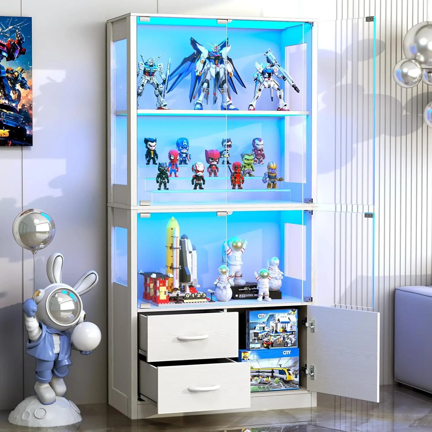 Display Cabinet with Glass Doors, 4-Tier Display Case with 3-Color Lights & Human Body Sensor, Storage Cabinets with 3 Shelve