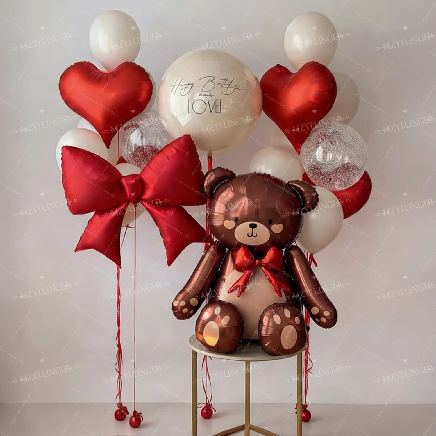 Brown Teddy Bear Balloon Set, Red Bow and Red Heart Balloon for Birthday, Wedding Season, Mother's Day Shower, Anniversary Decor