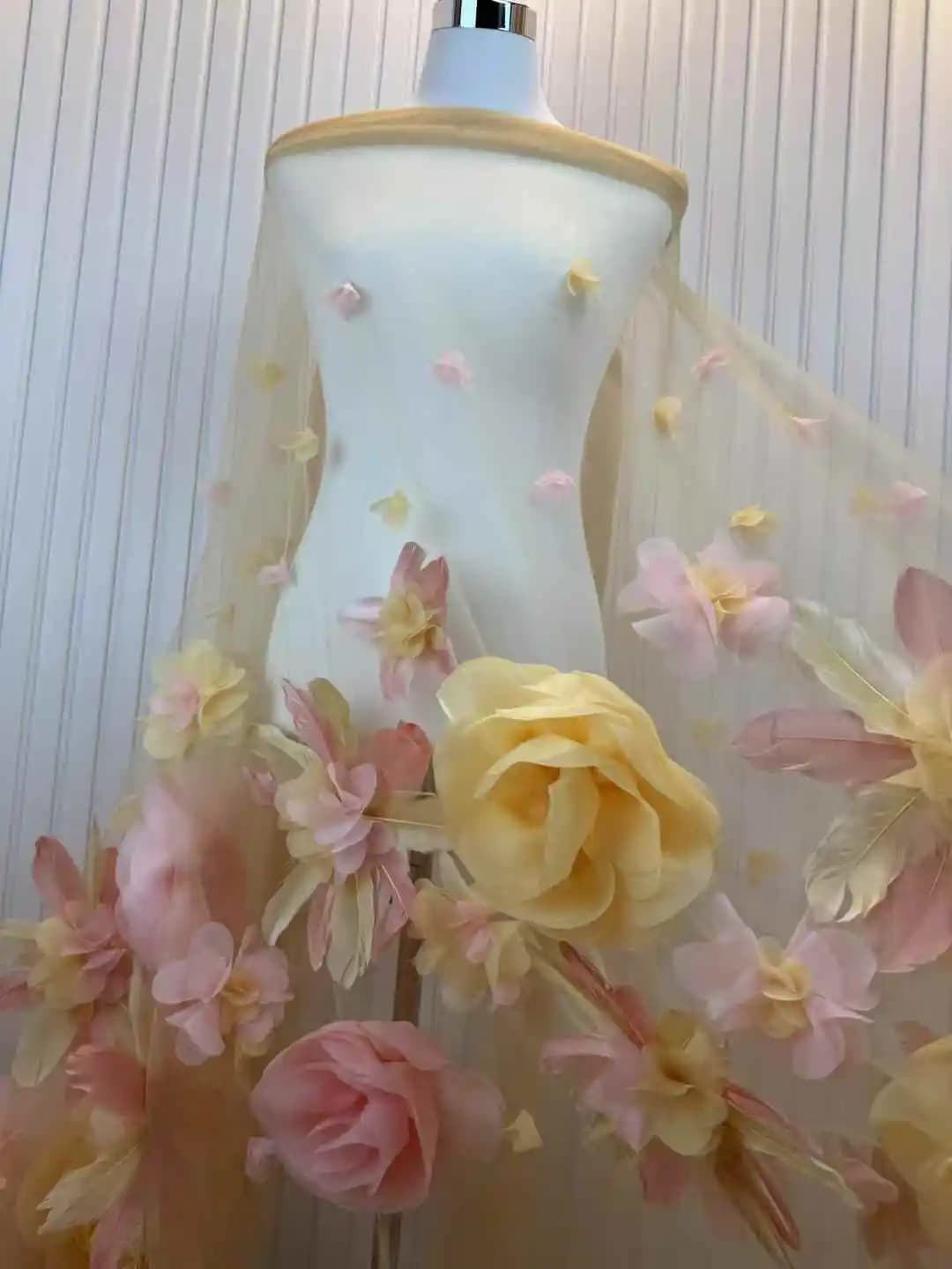 High Quality French 3D Flower Lace Fabric Feather Embroidery Tulle African Fabrics 5 yards for Wedding Party Dress Sewing