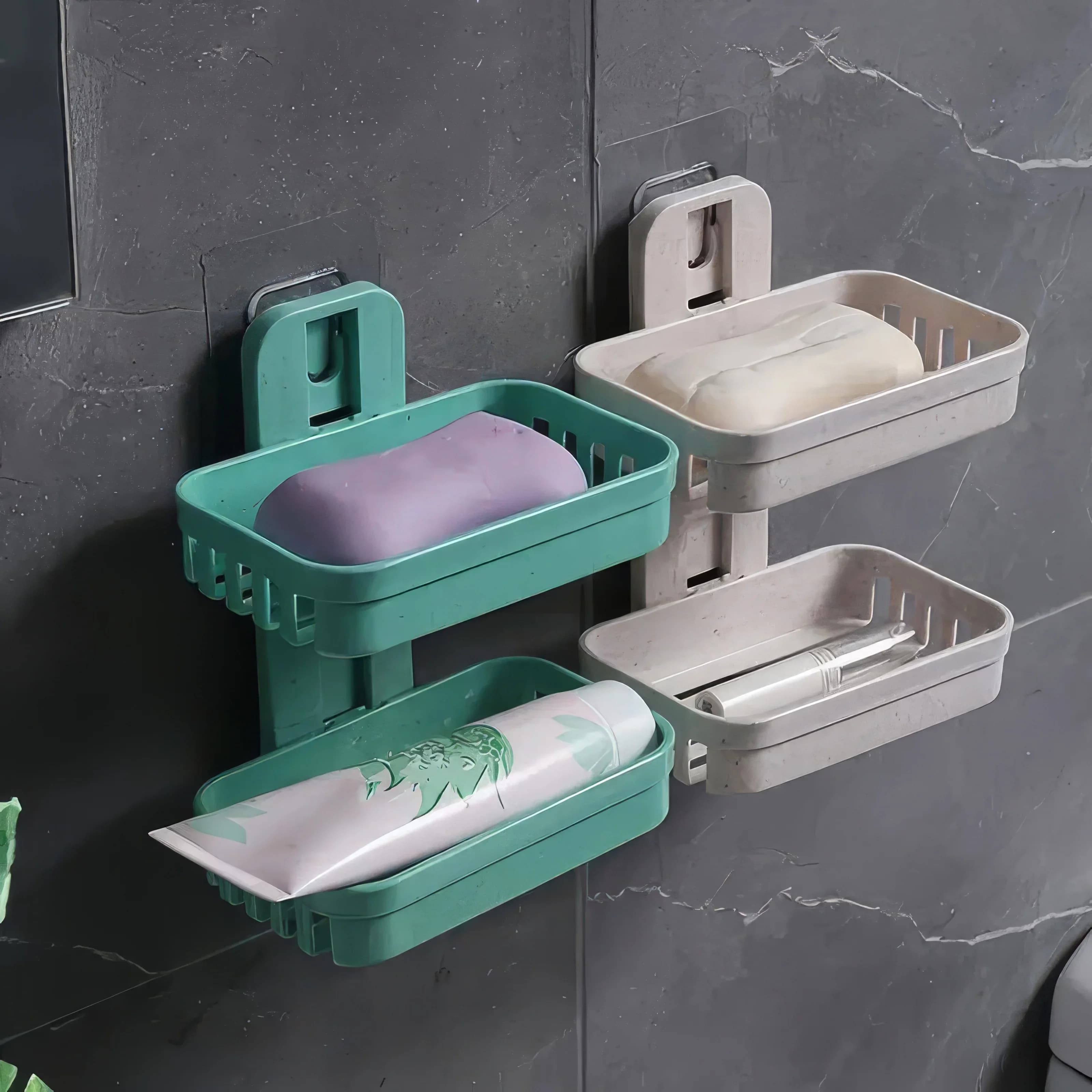 1 Set of Rice and Pink Wall Mounted Double Layer Soap Box, Bathroom Shelf, Suitable for Soap and Bottles
