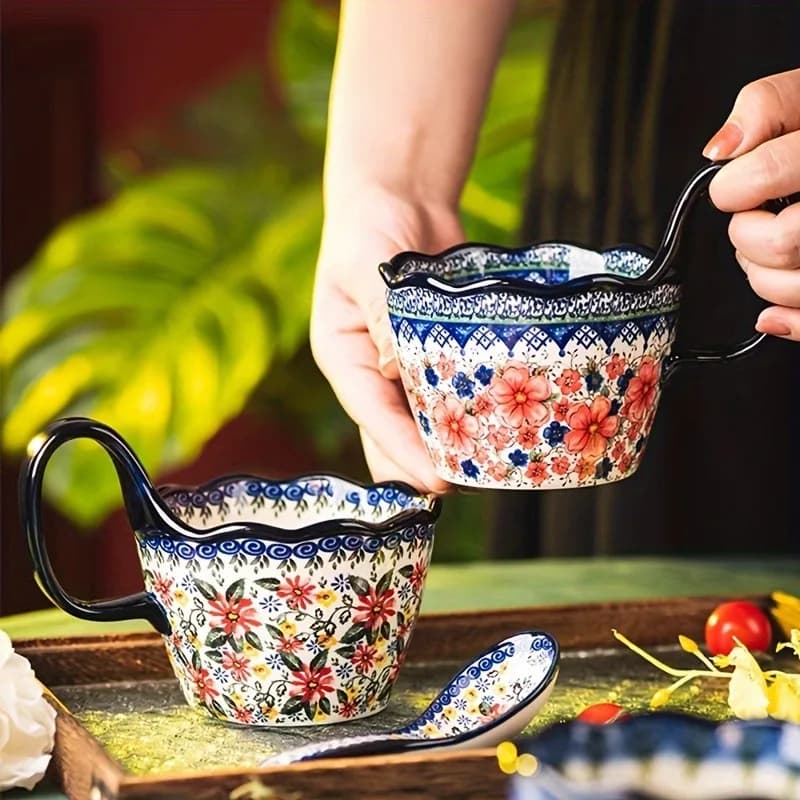 1pc Elegant Hand-Painted Floral Ceramic Mug with Handle - Microwave Safe, Insulated for Hot & Cold Drinks