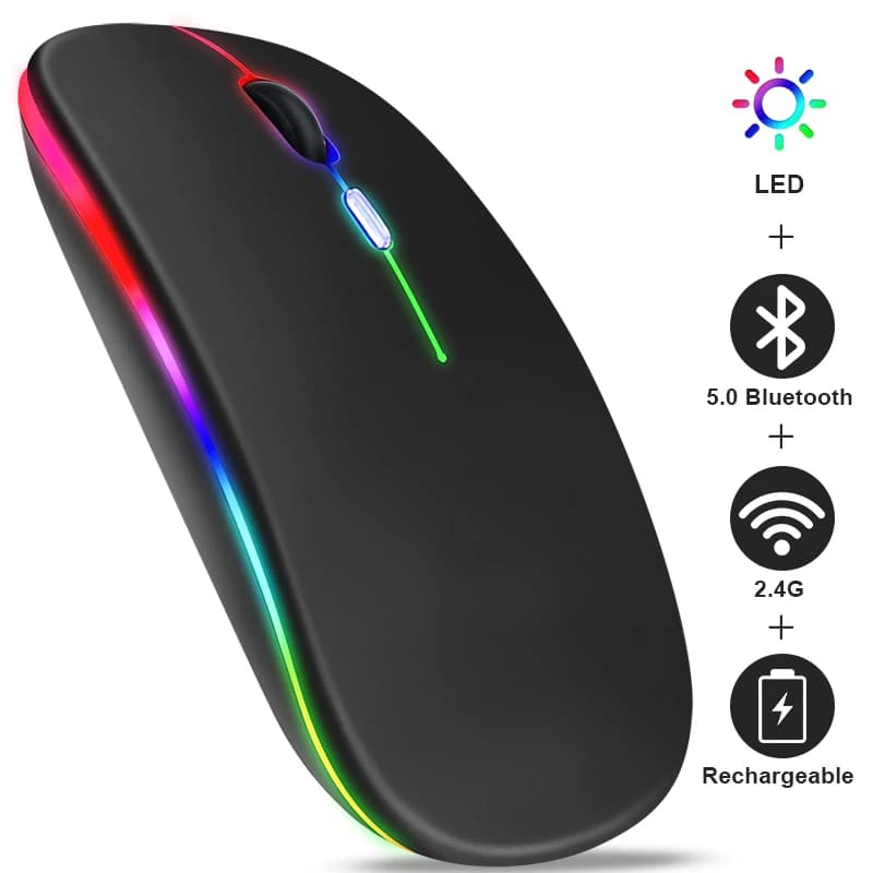 컴퓨터 노트북 태블릿 PC Macbook 게임용 마우스 게이머 용 2.4GHz USB RGB 1600DPI 마우스가 장착 된 충전식 Bluetooth 무선 마우스