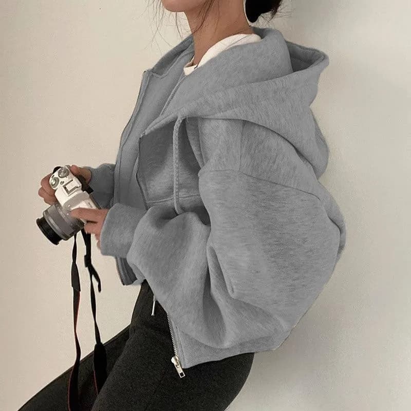 캐주얼 후드 스웨트셔츠 여성 Y2K 지퍼 후드티 솔리드 하라주쿠 긴팔 셔츠 오버사이즈 크롭탑 여성 루즈 자켓 코트