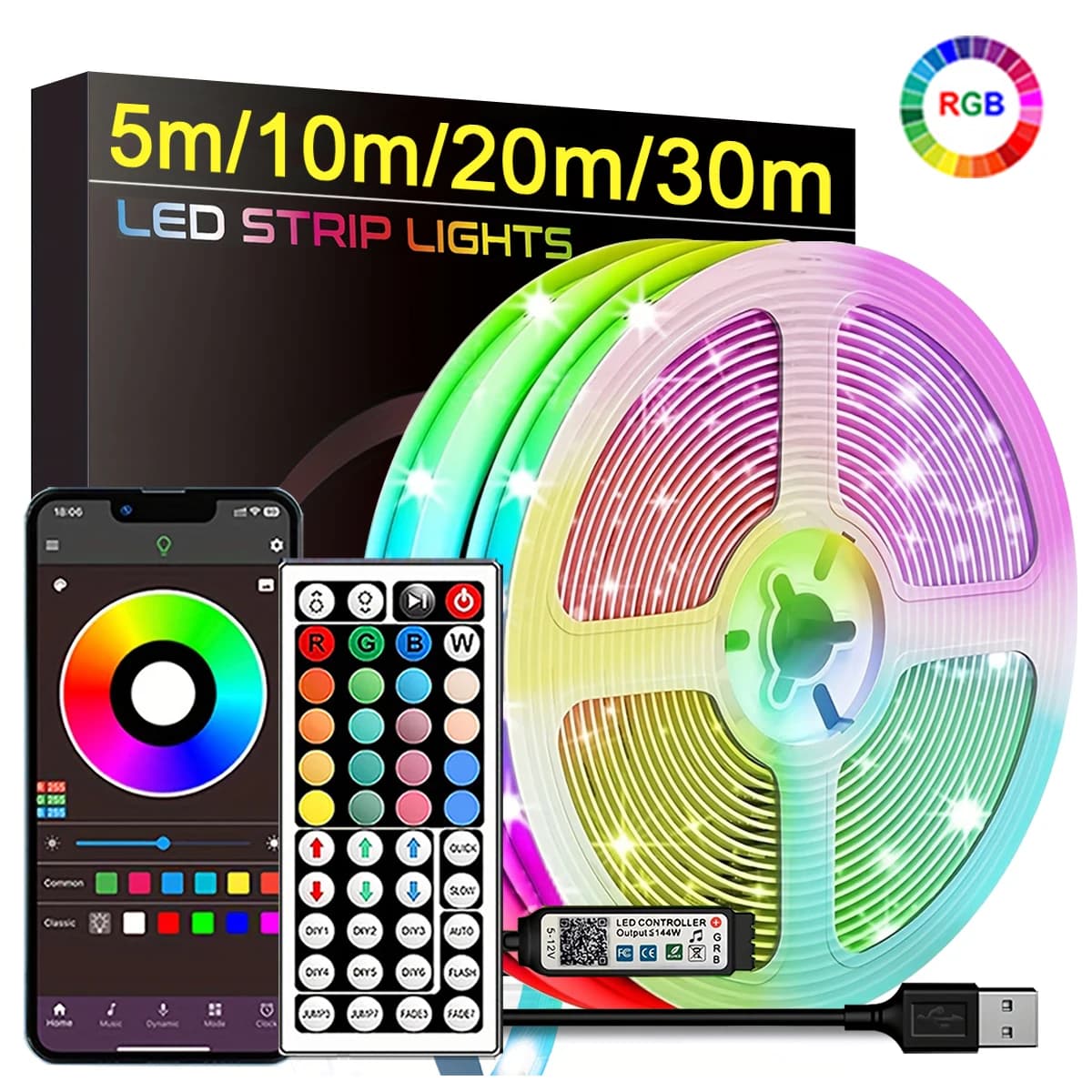RGB LED 스트립 조명 5/10/20/30m 앱 제어 침실 방 장식 테이프 라이트