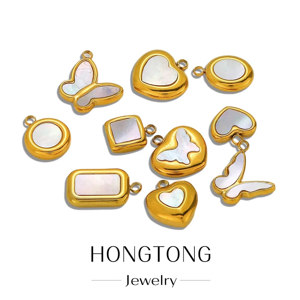 5Pcs Stainless Steel Gold Plated Mother of Pearl Charms Butterfly Heart Square Pendants for DIY Jewelry Making Necklace Crafts