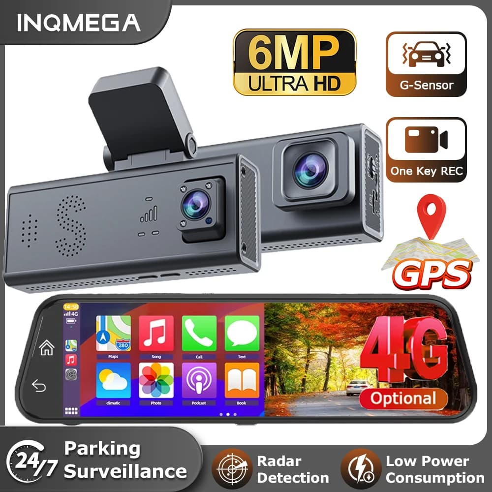 INQMEGA 6MP FHD 4G SIM 대시캠 듀얼 카메라 GPS 야간투시 24시간 주차감시