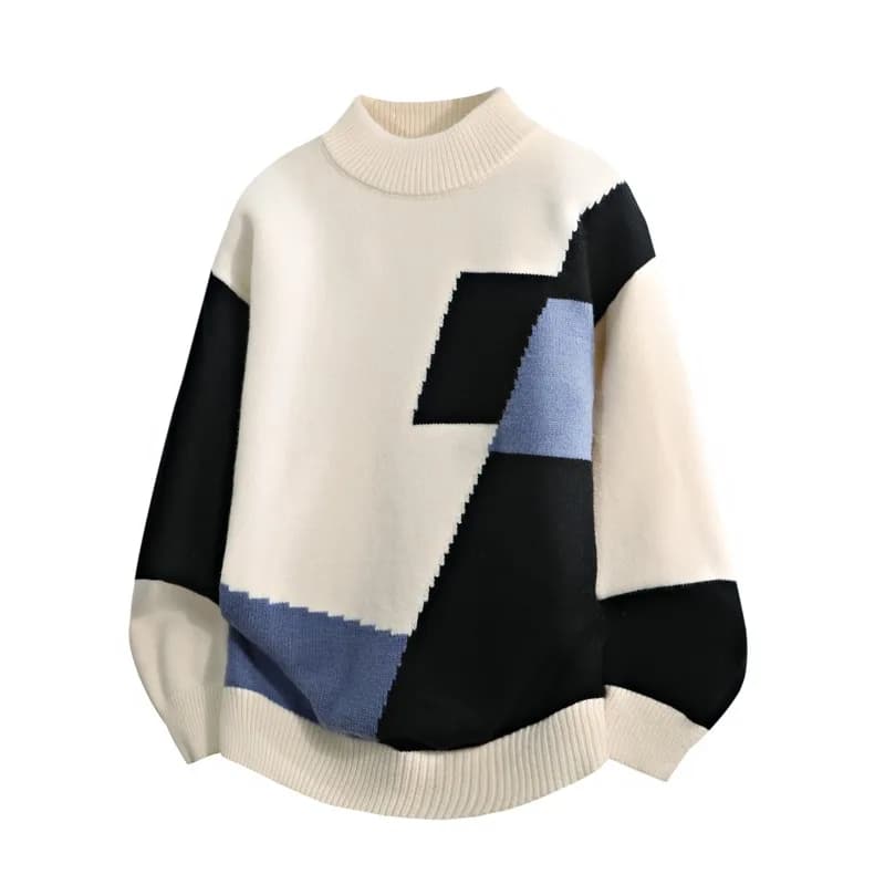 Autumn and Winter Pullover Round Neck Sweater Men's Fashion Loose Thickened Sweater Spliced Contrasting Color Casual Top