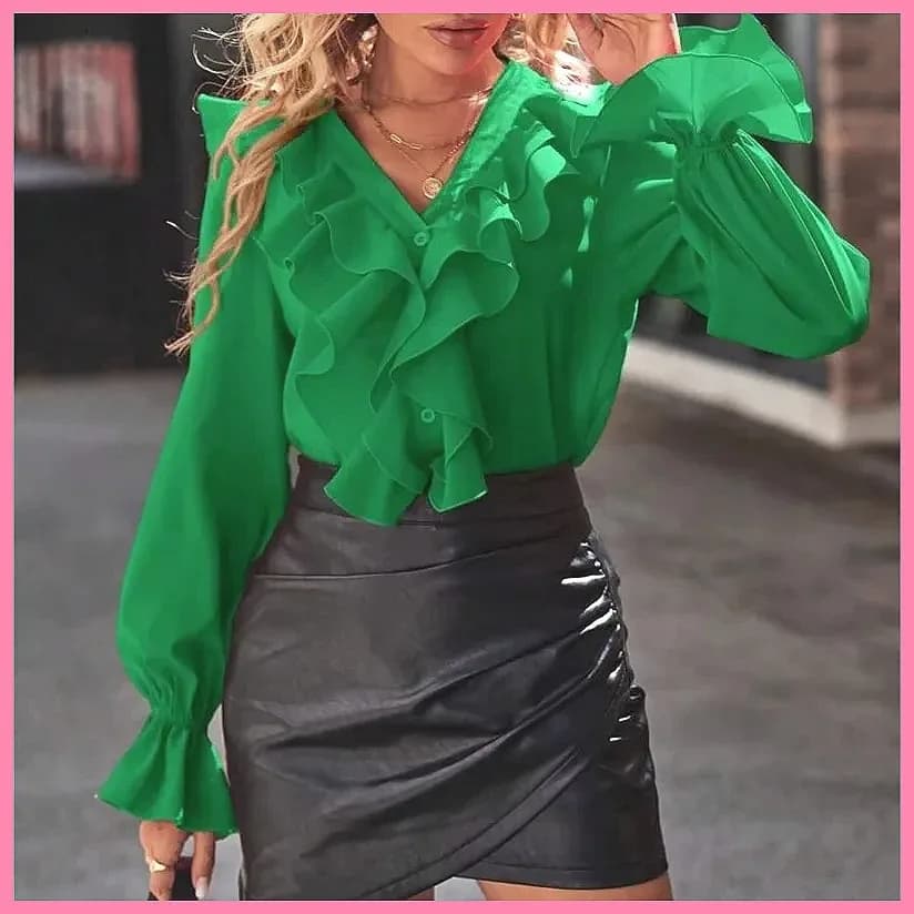 2025 Fashion V-Neck Ruffle Flare Sleeve Elegant Blouse for Women - Autumn Solid Color Tops (Characters: 78)