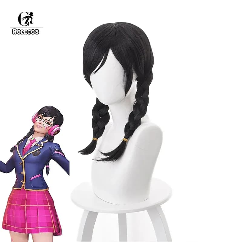 ROLECOS Game OW DVA Cosplay Hair D.VA Academy Cosplay Headwear Hana Song 45cm Long Black Synthetic Pigtail Hair Women