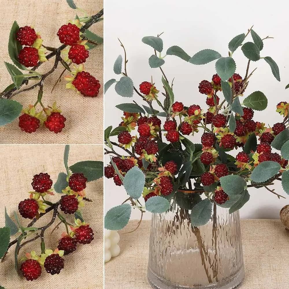 Creative Red Raspberry Artificial Plant Green Leaves Photo Props Simulation Berry Branches Faux Mulberry Fruit Gift