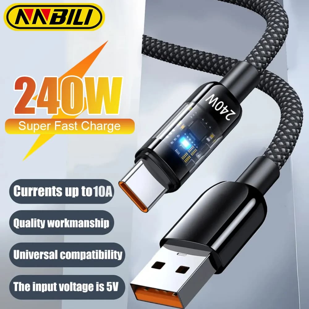 NNBILI 초고속 충전 240W USB C타입 케이블 (삼성, 샤오미, 화웨이, 오포용) LED 전원 충전기 데이터 케이블 휴대폰 액세서리