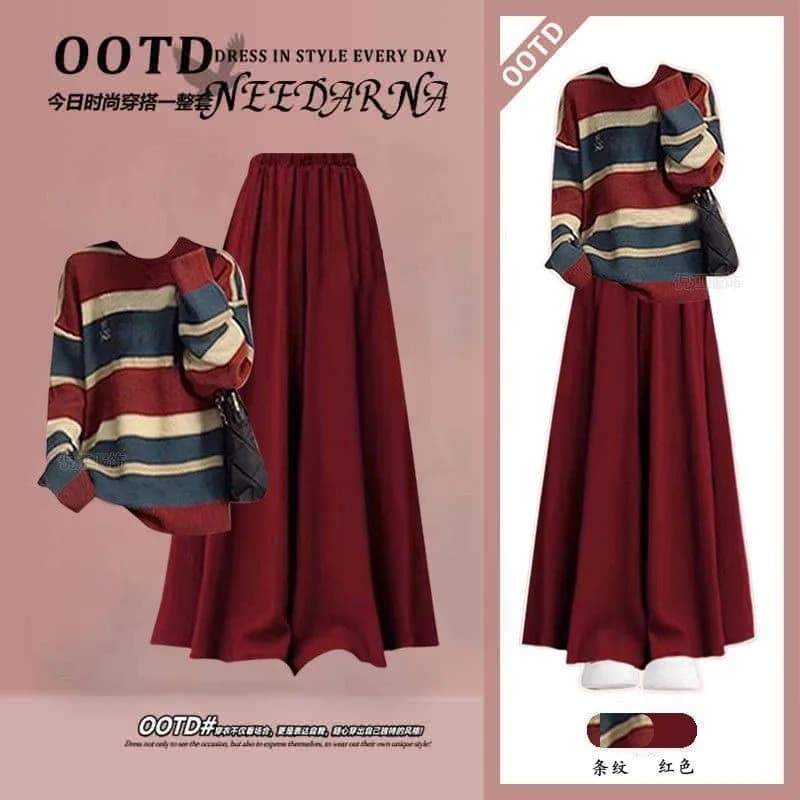 Joyful Horizontal Striped Knitted Sweater Loose Casual Half Skirt Two-piece Set Elegant Women's Skirt Set