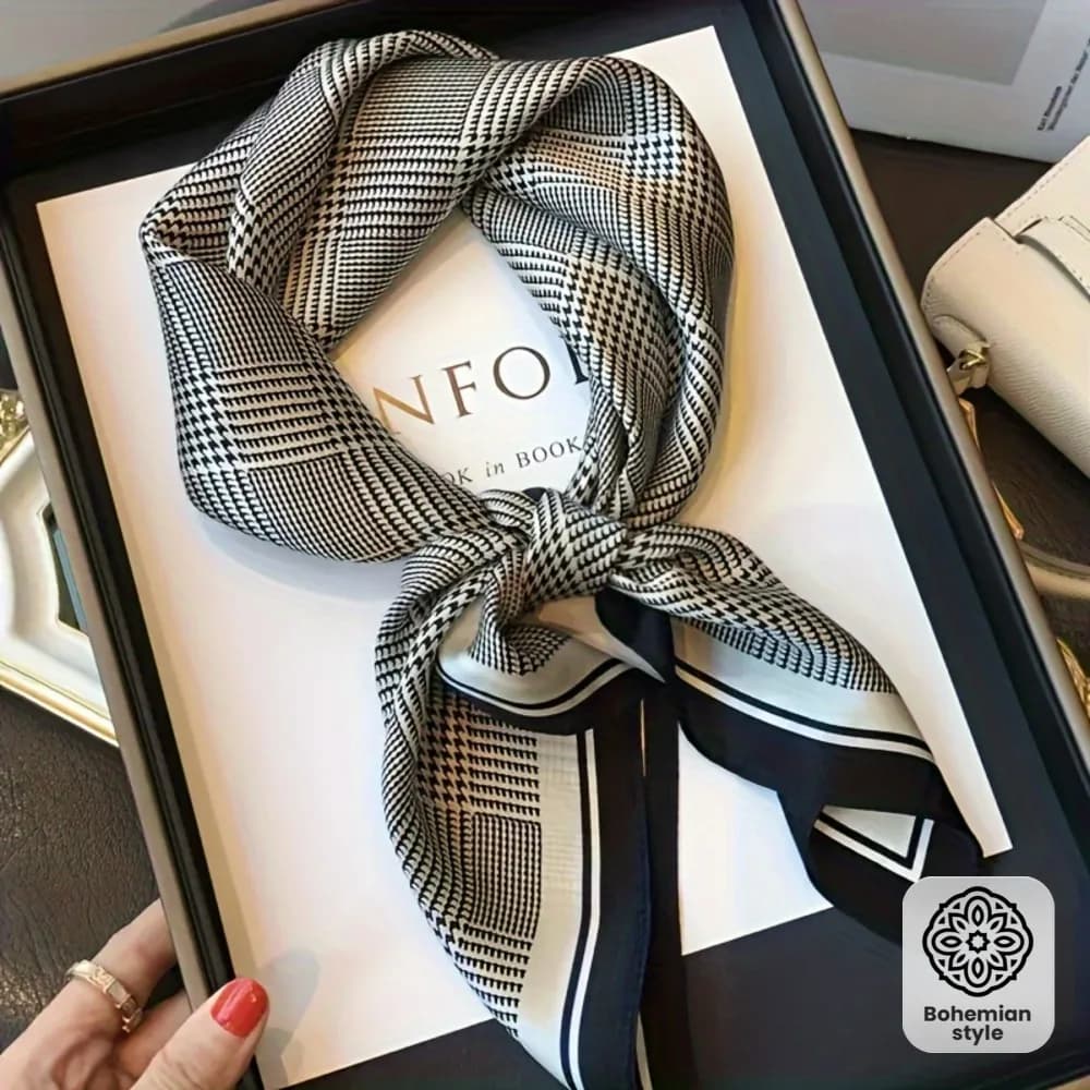 A 27.58-Inch Black And Gray Houndstooth Square Scarf, Featuring a Stylish Bohemian Silk Feel, Made of 100% Mulberry Silk.
