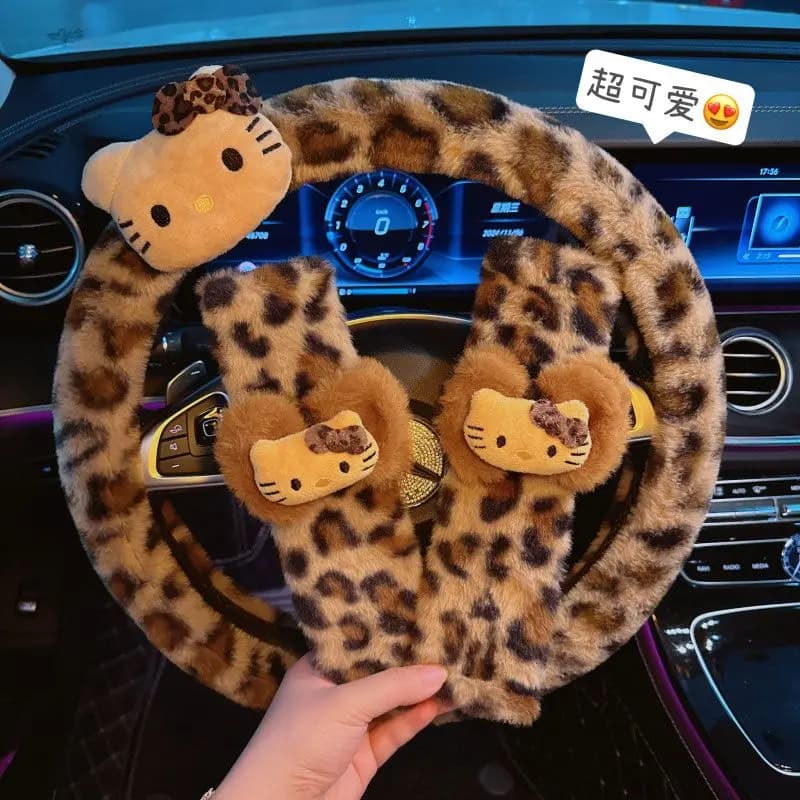 헬로키티 레오파드 자동차 핸들 커버 플러시 겨울 방한