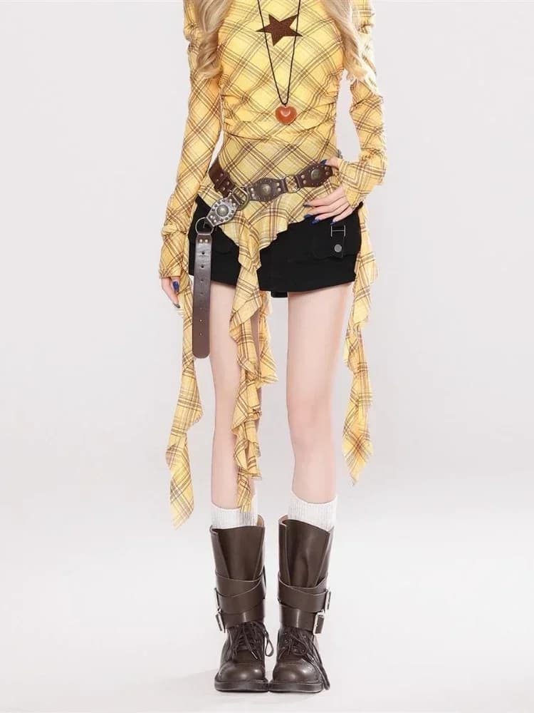 Y2K Plaid Slash Neck Vintage T-Shirt for Women, Grunge Ruffled Bodycon Top, Sexy Fairy Aesthetic