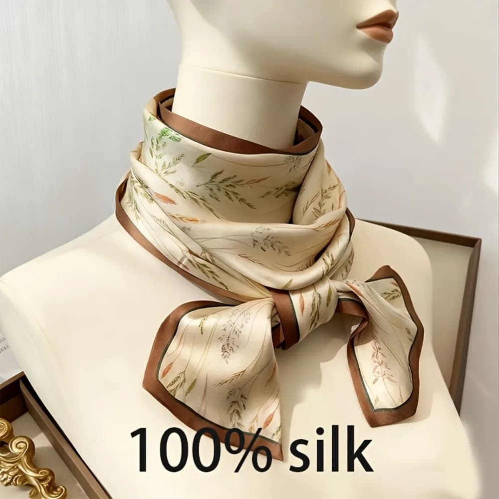 Elegant European Style Silk Scarf | 100% Silk, Beige Wheat Pattern, Luxurious, Versatile, Breathable,Ideal for Spring and Summer