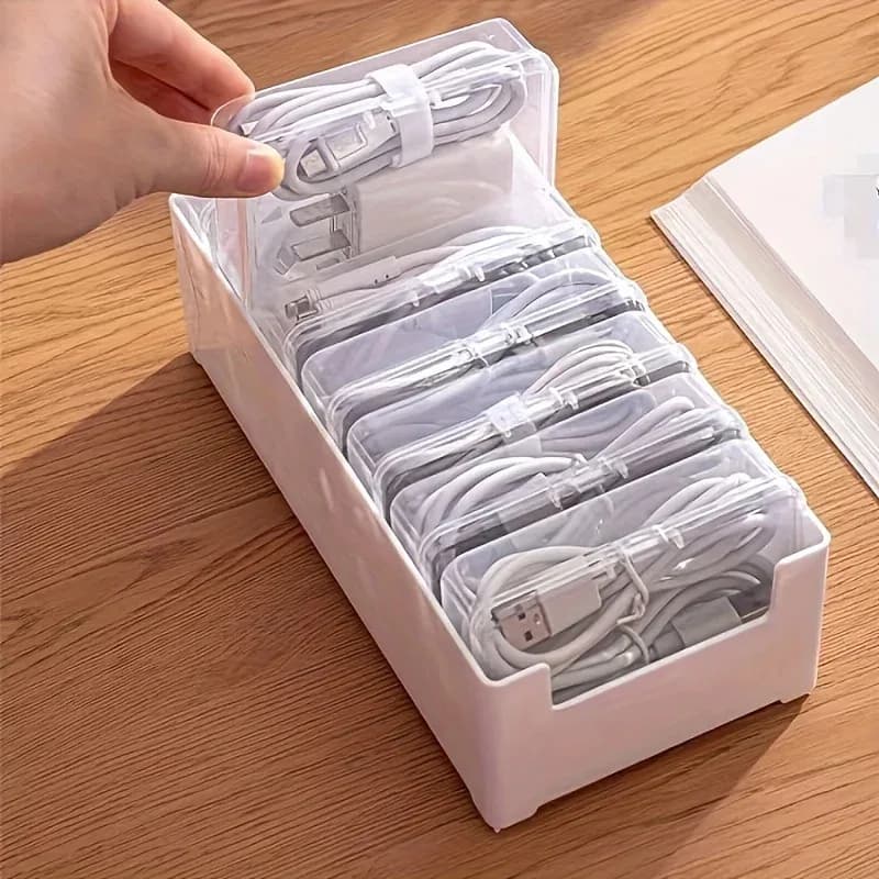 7개의 작은 칸막이 상자가 있는 데이터 케이블 보관 상자, 사무실 책상용 데스크탑 케이블 정리함