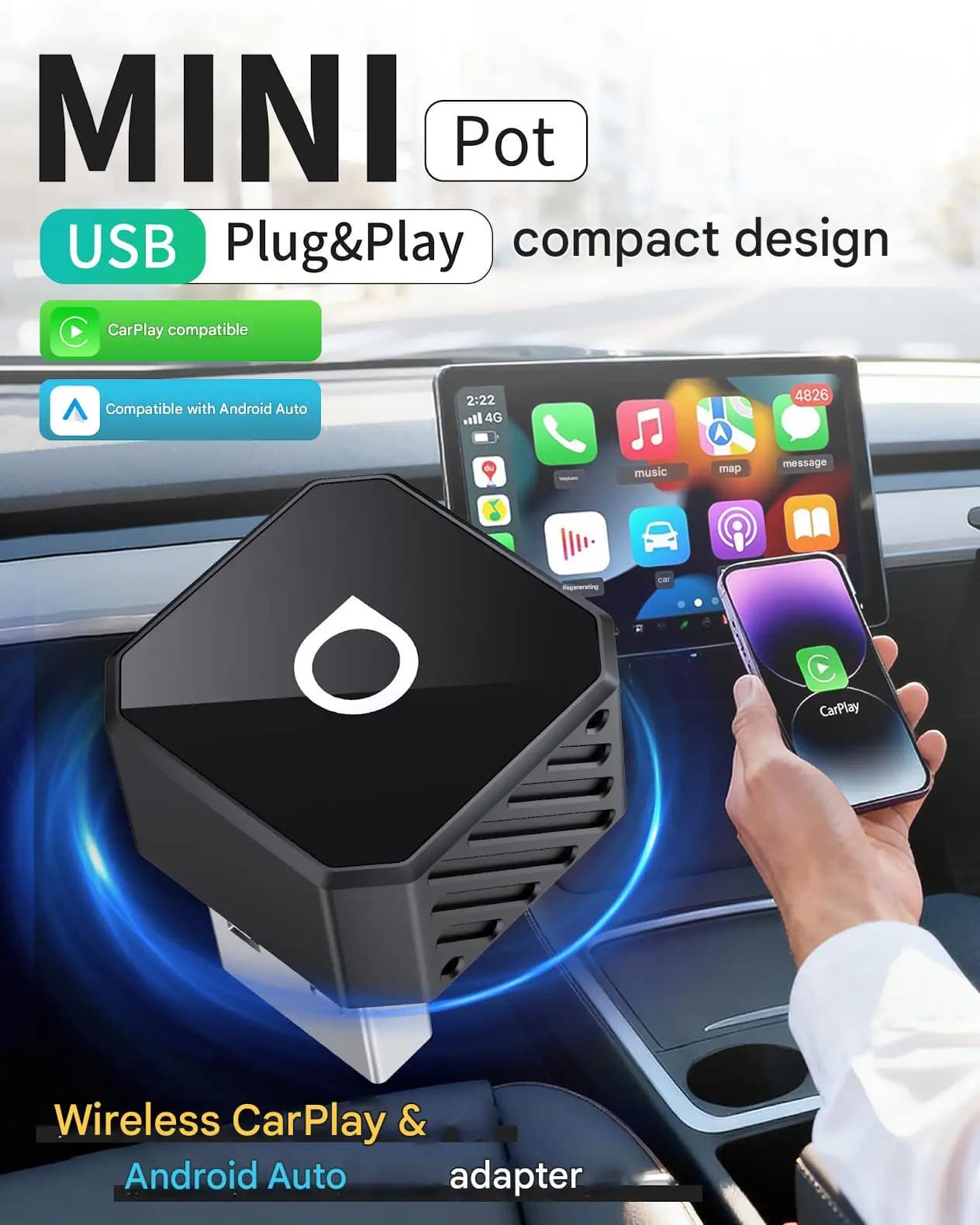 OTTOCAST 미니팟 2in1 무선 카플레이 안드로이드오토 플러그앤플레이 5GHz 와이파이 OEM