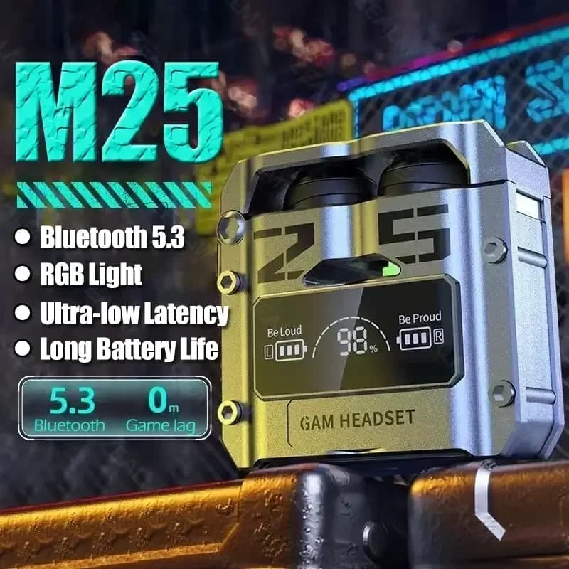 M25 오리지널 블루투스 5.3 TWS 무선 헤드폰 LED 디스플레이 스테레오 터치 컨트롤 노이즈 감소 이어버드