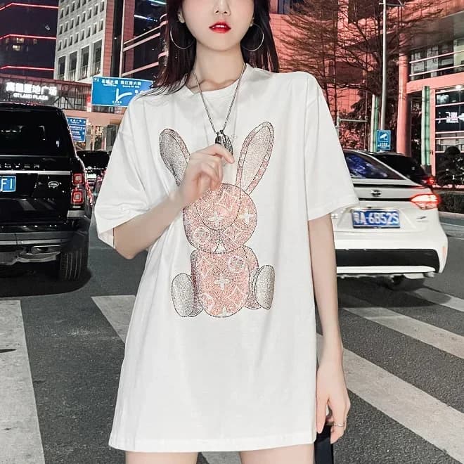 Women's Summer Casual T-Shirt: Diamond Cartoon Print Short Sleeve Tee, Office & Daily Wear
