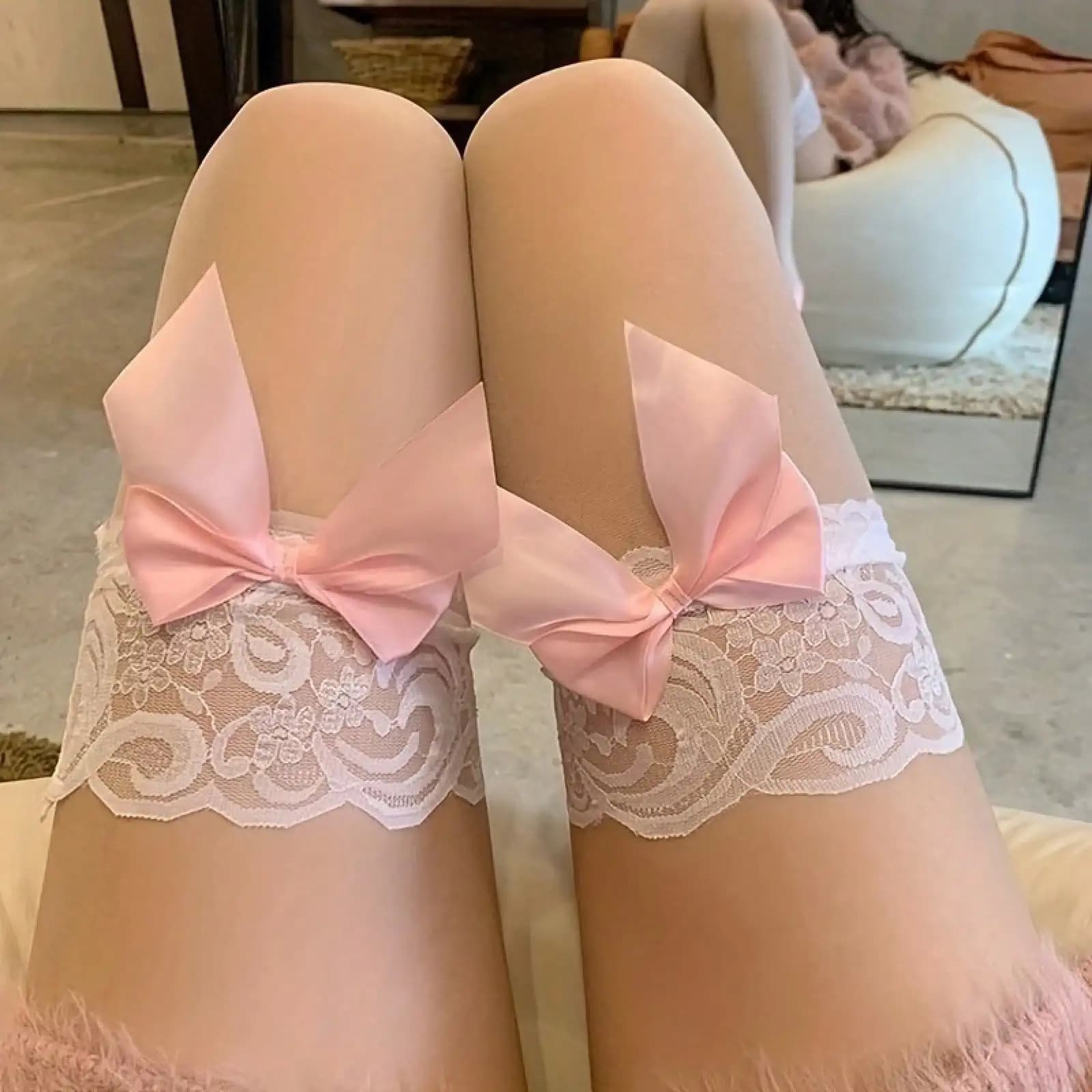 코케트 리본 레이스 니삭스 시스루 화이트 핑크 오버니삭스