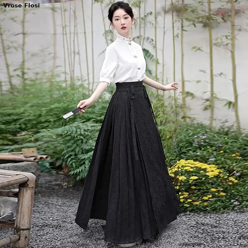 New Woman Ming Dynasty Hanfu Horse Face Skirt Chinese Traditional Hanfu Costume Stand Collar Vintage Pleats Skirt Black