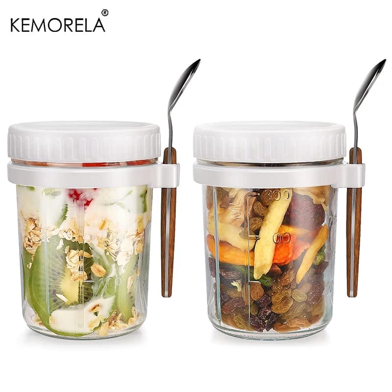 Portable Overnight Oat Glass Cup Water Mug With Spoon Breakfast Mason Salad Can Yogurt Tumbler Heat Resistant Juice Milk Cup