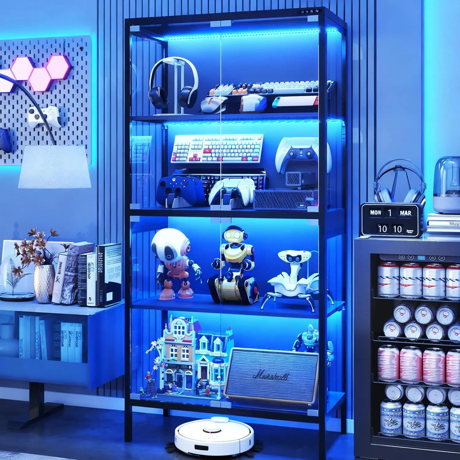 Display Cabinet with Glass Doors, 4-Tier Curio Cabinet with 5 Color Lights for Collectibles, Display Case with Human Body Sen