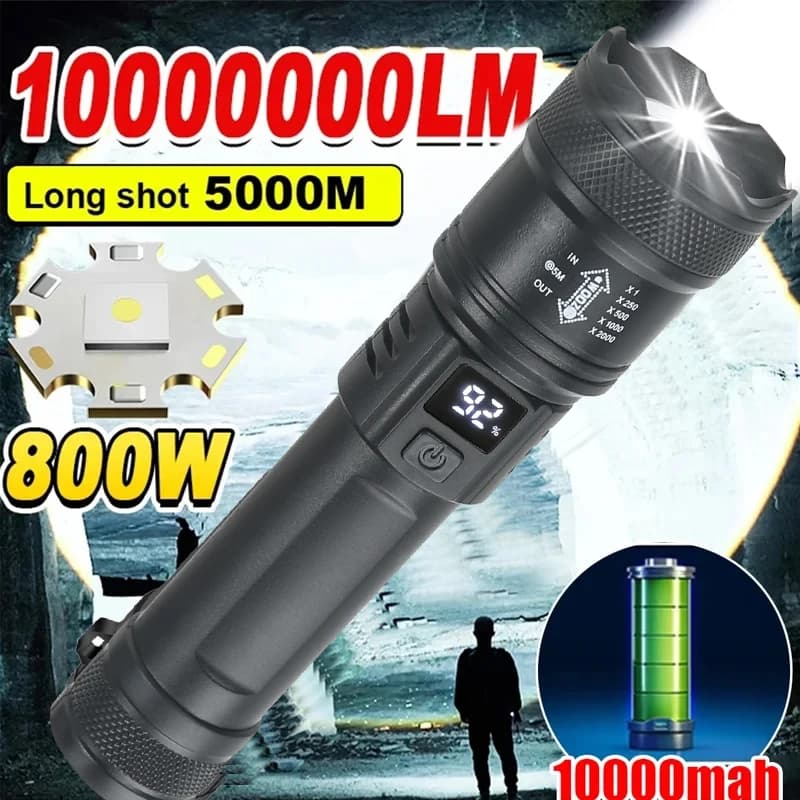 고출력 LED 손전등 2000루멘 전술 손전등 디스플레이 USB 충전 캠핑 낚시 줌