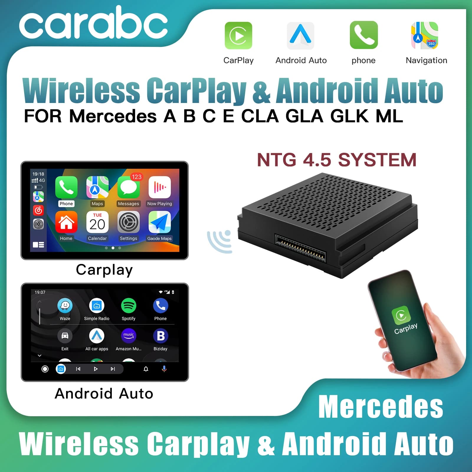 CARABC 벤츠용 무선 카플레이 안드로이드 오토 A/B/C/E/CLA/GLA/ML