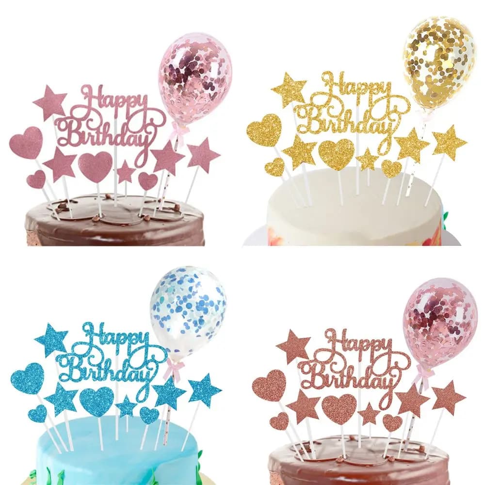 생일 케이크 토퍼 컨페티 풍선 별 하트 컵케이크 장식 파티 베이킹
